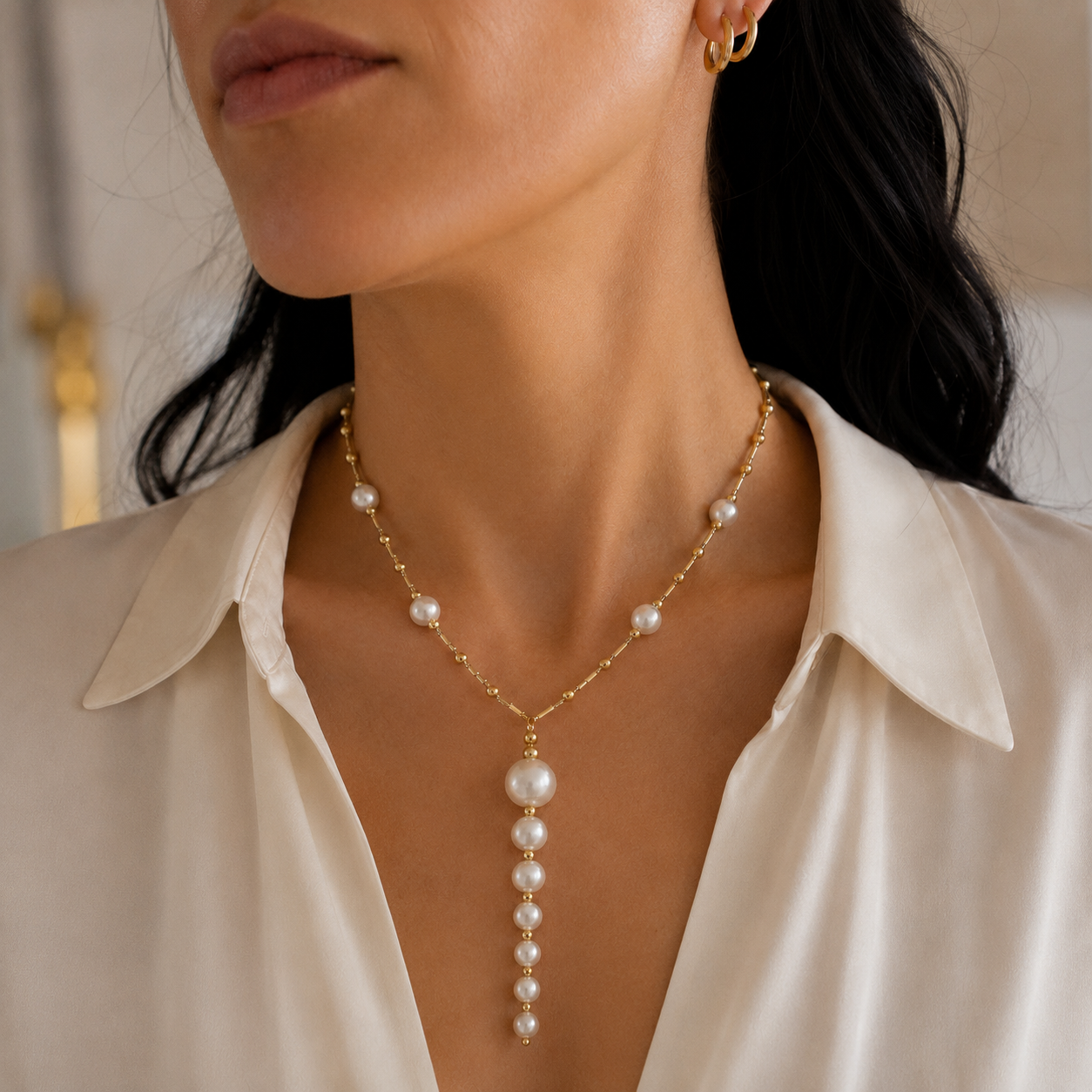 A woman wearing a gold chain necklace with scattered pearls and a cascading pearl pendant.