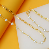 18K Gold Filled Pearl Paperclip Chain Necklace & Bracelet