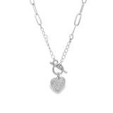 Heart Pendant Paper Clip Chain Necklace With Clear Micro CZ Stones (G112)