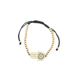 Adjustable Bead Bracelet With Hamsa Hand Black And Blue CZ Stones Charm (I144-145)