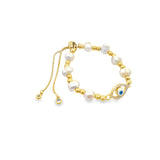 CZ Evil Eye Shaped Fresh Water Pearl Adjustable Beaded Protection Bracelet (I43A)