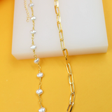 18K Gold Filled Pearl Paperclip Chain Necklace (H152)(I506)