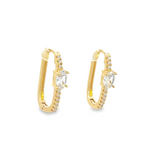 Oval Shape Half CZ Pave Stone Slim Thin Hoops (L417)