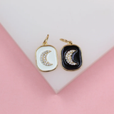 18K Gold Filled Enamel Pendant Charm With Crescent Moon Shaped Micro CZ Cubic Zirconia Stones