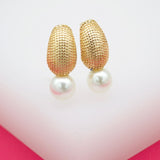 18K Gold Filled Textured Oval Studs With Synthetic Pearl Earrings