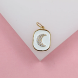 18K Gold Filled Enamel Pendant Charm With Crescent Moon Shaped Micro CZ Cubic Zirconia Stones