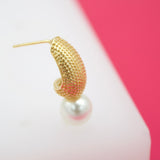 18K Gold Filled Textured Oval Studs With Synthetic Pearl Earrings