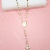18K Gold, Rose Gold, Rhodium Filled Catholic Gold Bead Rosary With Crucifix And Virgin Mary Charm