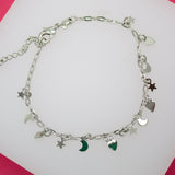 Rhodium Filled Round Paper Clip Bracelet With Star, Moon, Heart Charms (I204)