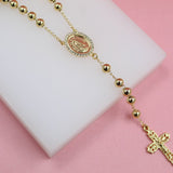Catholic Gold Pearl Rosary with Crucifix and Guadalupe Charm (F41B)