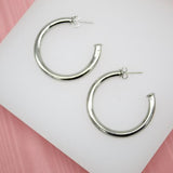 18K Rhodium Filled Thick 4mm Open Hoop Stud Hoops Earrings (J48)(J51)(J71