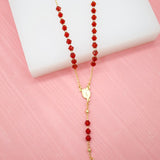 18K Gold Filled Catholic Red And Black Bead Rosary With Crucifix Cross (F32B)