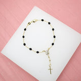 Gold Filled Cross and Virgin Mary Charm Bracelet with Black Beads (I226A)