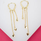 18K Gold Filled Long Dangle Heart Charm Huggies Earrings (L48)