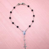 Gold Filled Cross and Virgin Mary Charm Bracelet with Black Beads (I226A)