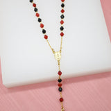 18K Gold Filled Catholic Red And Black Bead Rosary With Crucifix Cross (G79B)