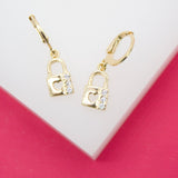 18K Gold Filled Pave Lock Heart French Lever Back Earrings (L160)
