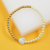 18K Gold Filled White Pearl Heart Charm Beaded Bracelet (i455)