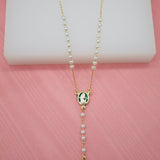 Gold Bead Rosary With Green Crucifix & Virgin Mary Charm (F109A)