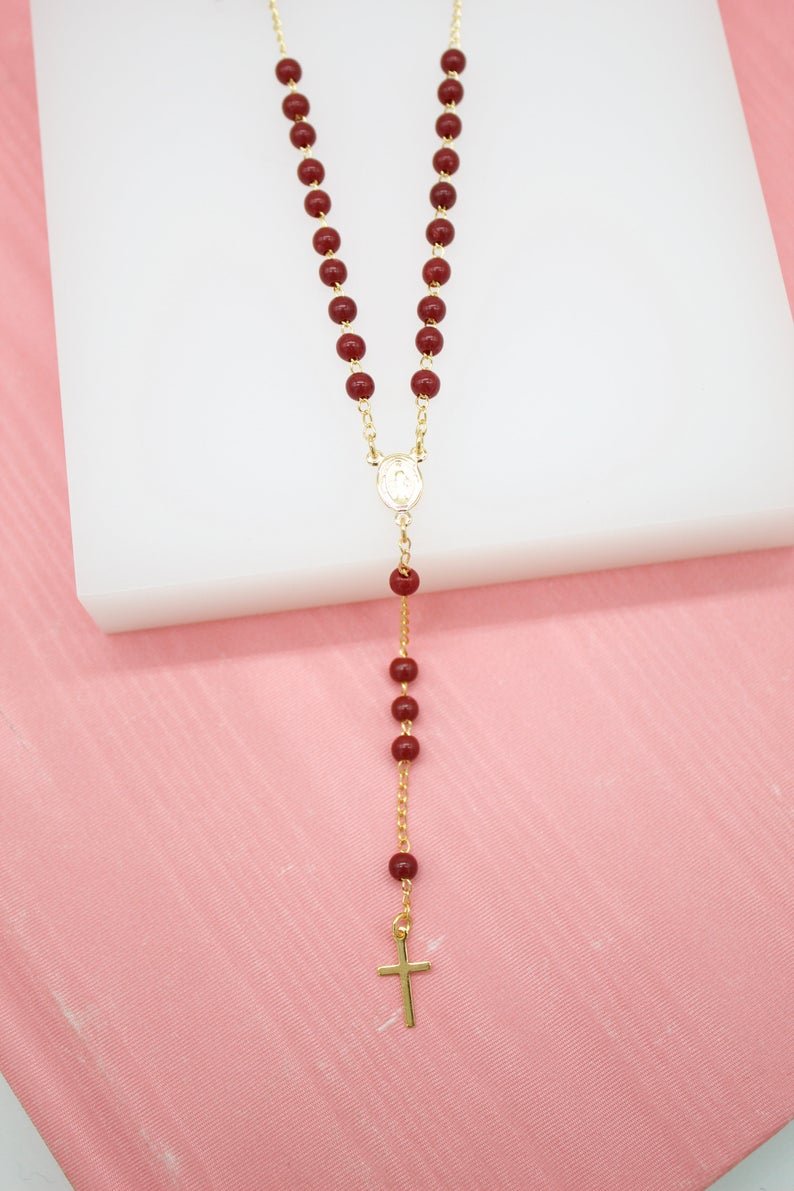 18K Gold Filled Catholic Bead Rosary With Crucifix Cross (F41)