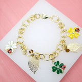 18K Gold Filled Flower Leaf Nature Charms Bracelet (I405)