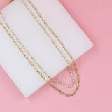 18K Gold Filled Layered Clear Round CZ Stones With Paper Clip Chain Necklace (H3)