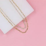 18K Gold Filled Layered Clear Round CZ Stones With Paper Clip Chain Necklace (H3)