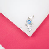 18K Rhodium Filled Hamsa Hand Pendant With Enamel Evil Eye CZ Stones
