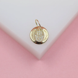 Gold Filled Hamsa Hand Medallion Charm Pendant With Carvings & Clear Zirconia Stones