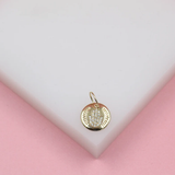 Gold Filled Hamsa Hand Medallion Charm Pendant With Carvings & Clear Zirconia Stones