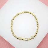 18K Gold Filled 4mm Gold Elastic Bead Bracelet With Three Round CZ Charm (I30)