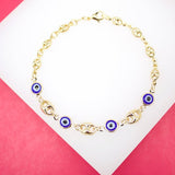 18K Gold Filled Evil Eye Puffy Mariner Chain Bracelet (I213)