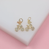 Gold Filled Kid Girl & Boy Riding A Bike Pendant Charms With Clear Stones