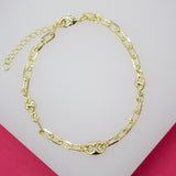 18K Gold Filled 3mm Paper Clip Bracelet with Puffy Mariner Links (I333)