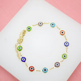 18K Gold Filled Multi-Color Colorful Evil Eye Charms Bracelet (I218)
