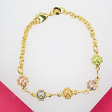 18K Gold Filled Multicolor CZ Four Leaf Clover Rolo Bracelet (XX15)