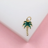 18K Gold Filled Enamel Green Palm Tree Pendant Charm