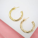 18K Gold Filled Open Hoop Twisted Rope Stud Earrings (J129)