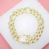 18K Gold Filled 12mm Cuban Curb Link And Gucci Mariner Link Chain Bracelet With Clear CZ Stones (I287-129)
