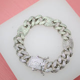 18K Gold Filled 12mm Cuban Curb Link And Gucci Mariner Link Chain Bracelet With Clear CZ Stones (I287-129)
