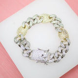 18K Gold Filled 12mm Cuban Curb Link And Gucci Mariner Link Chain Bracelet With Clear CZ Stones (I287-129)