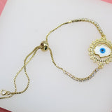 18K Gold Filled Adjustable Box Chain Bracelet With Clear CZ Stones On A Evil Eye Charm (I141)