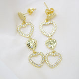 18K Gold Filled Dangle Triple Hearts With CZ Cubic Zirconia Stone