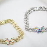 8mm Cuban Multi Color Micro Pave CZ Bracelet With Butterfly Charm (I20)
