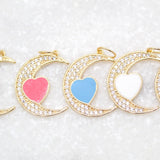 18K Gold Filled CZ Crescent Moon With Enamel Heart Pendant