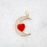 18K Gold Filled CZ Crescent Moon With Enamel Heart Pendant