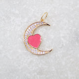 18K Gold Filled CZ Crescent Moon With Enamel Heart Pendant