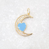 18K Gold Filled CZ Crescent Moon With Enamel Heart Pendant