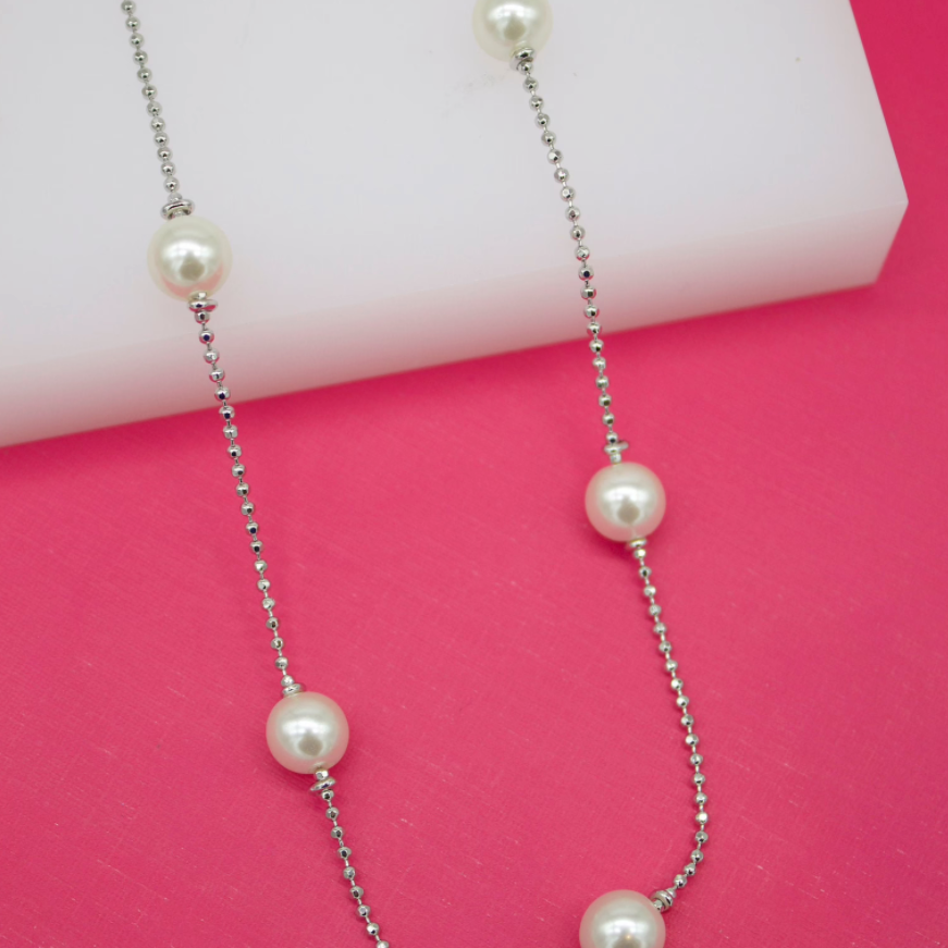 18K Gold Filled Ball Chain With 8mm Synthetic Pearls Necklace (F250)