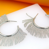 18K Rhodium Filled Open Beaded Dangle Hoop Earrings